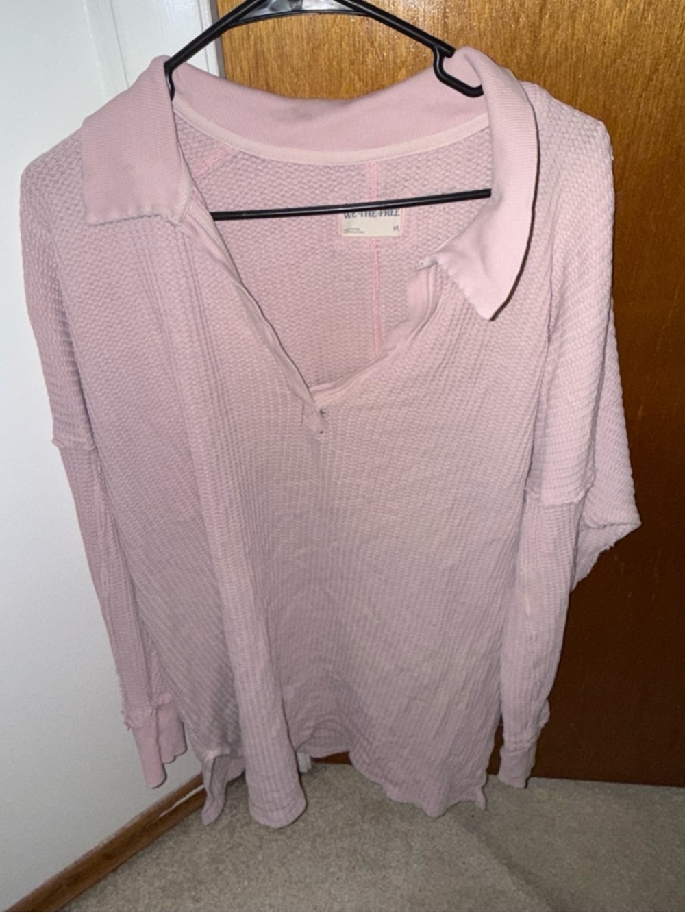 We The Free Pale Pink Waffle Knit Polo Pullover